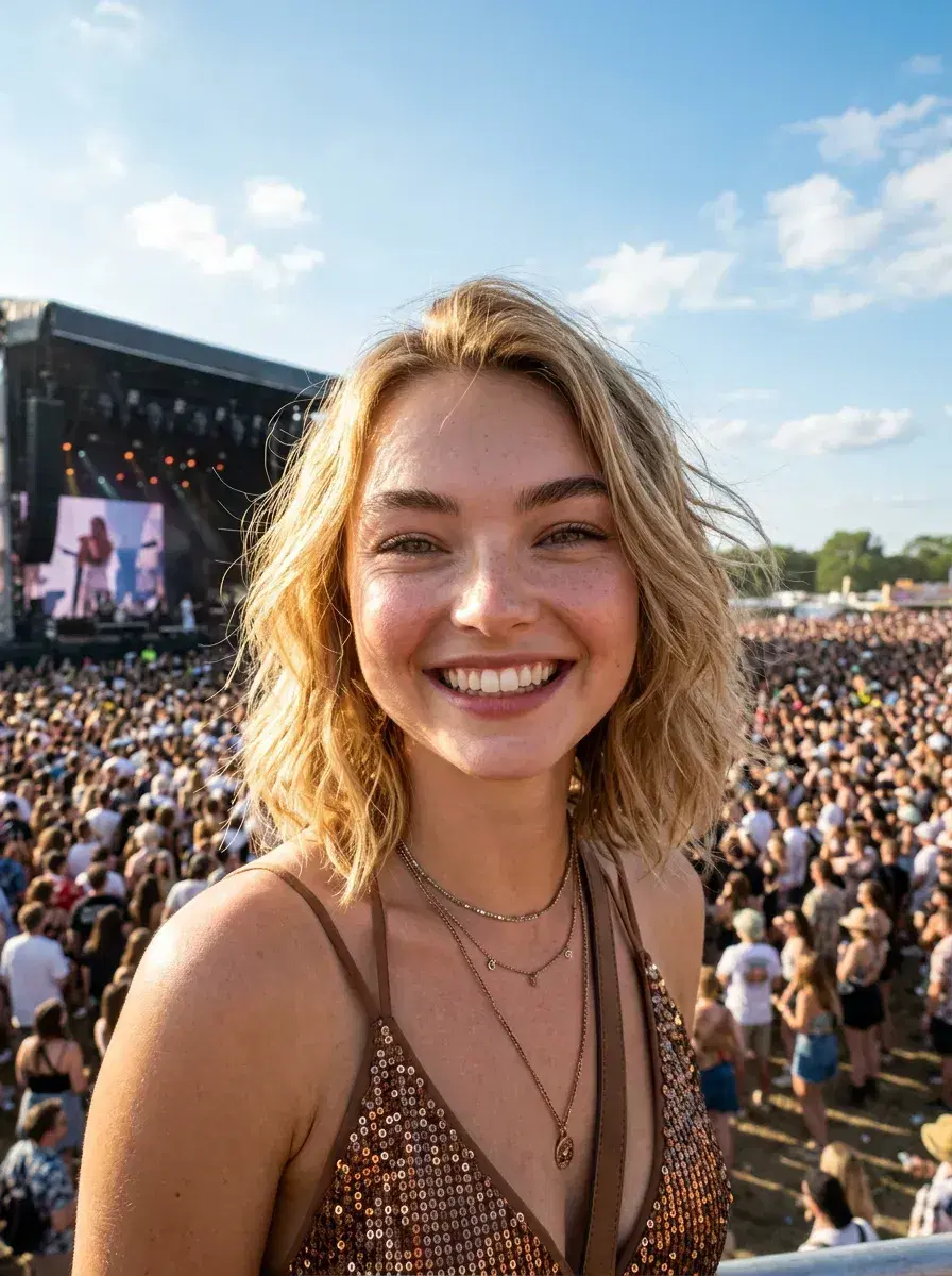 AI AI Music Festival Photos — From One Selfie — Person at a daytime festival stage with massive crowd and blue sky