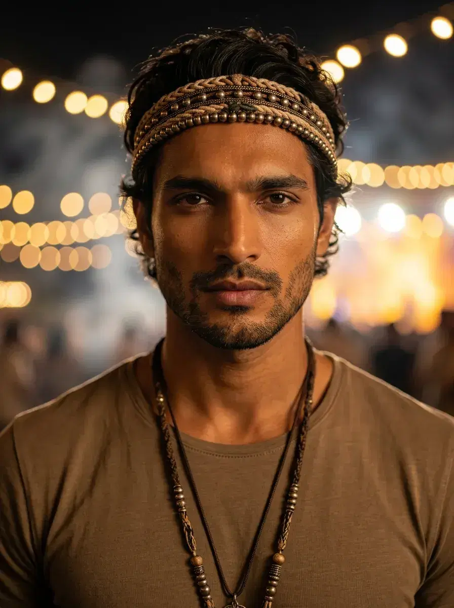 AI AI Music Festival Photos — From One Selfie — Close-up festival portrait with golden bokeh and string lights at night