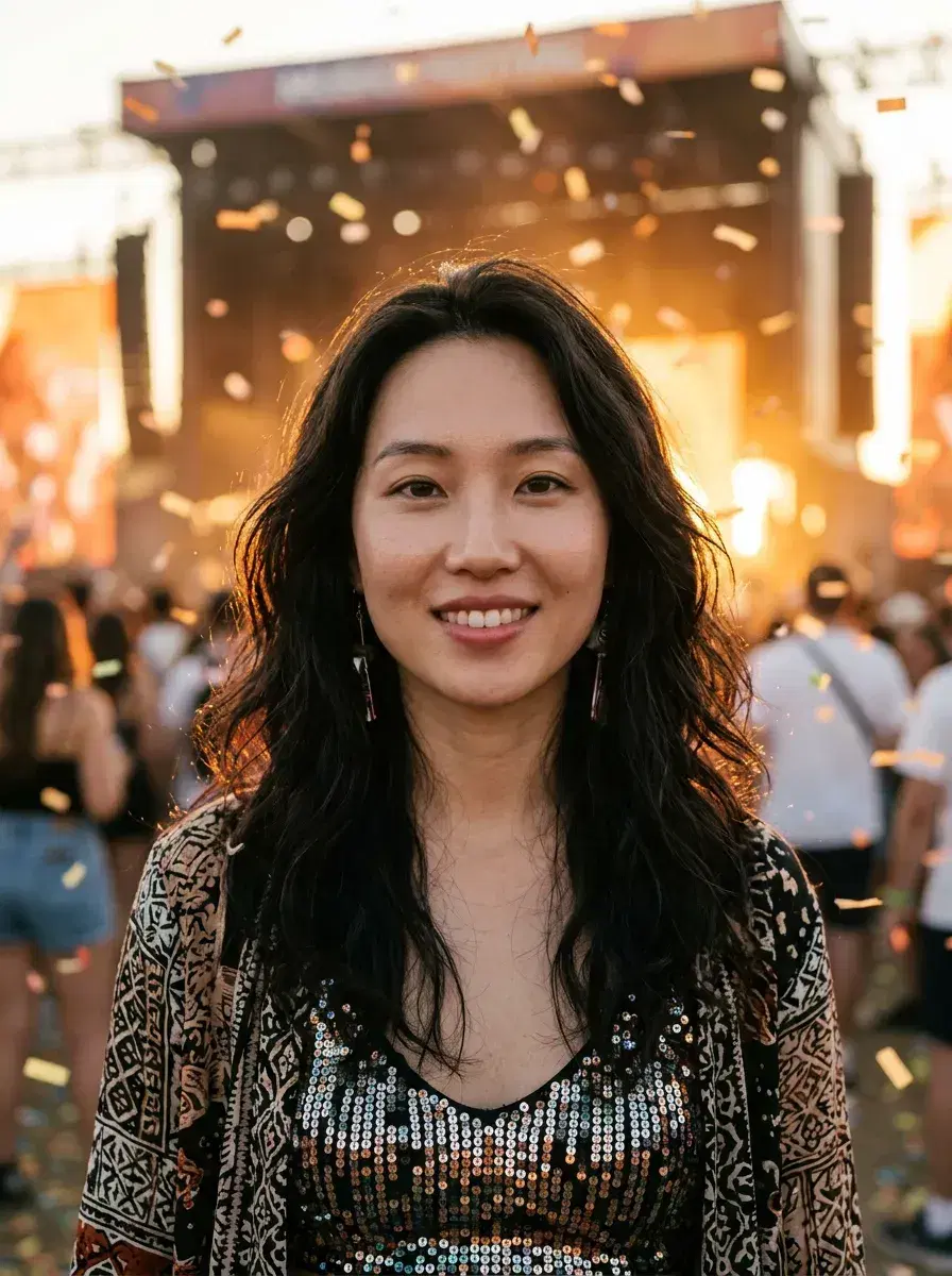 AI AI Music Festival Photos — From One Selfie — Person at a music festival main stage at golden hour with confetti falling