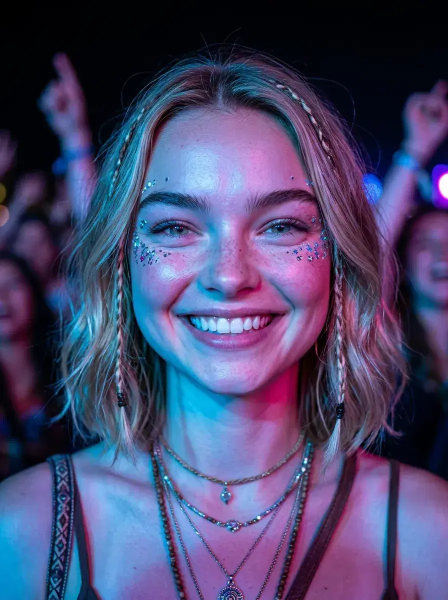 AI AI Music Festival Photos — From One Selfie — Close-up festival portrait with glitter and colorful stage lighting