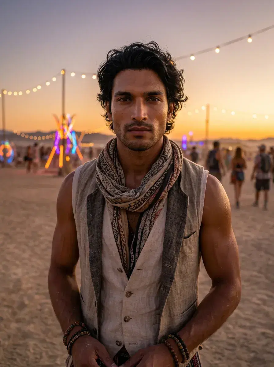 AI AI Music Festival Photos — From One Selfie — Person at a desert music festival at sunset with art installations behind