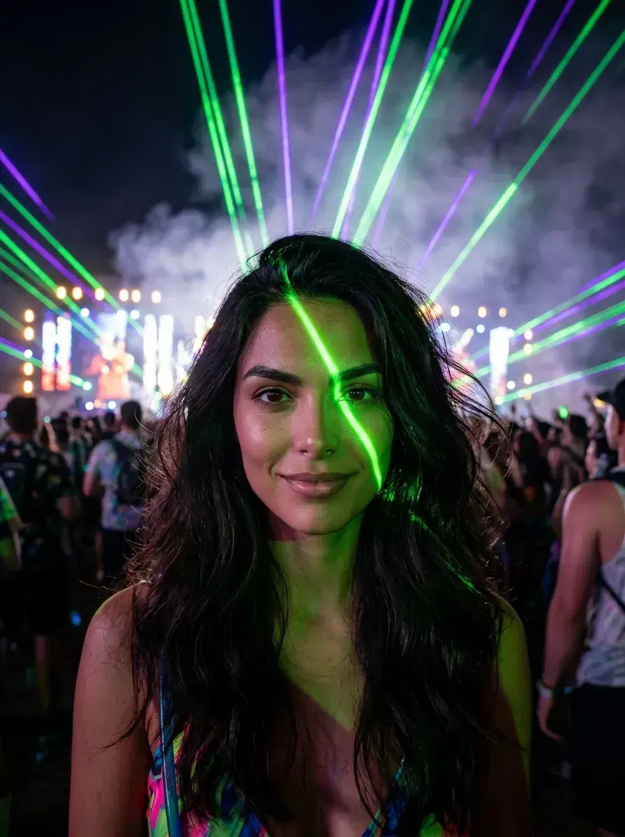 AI AI Music Festival Photos — From One Selfie — Person at a night festival with laser show and neon lighting