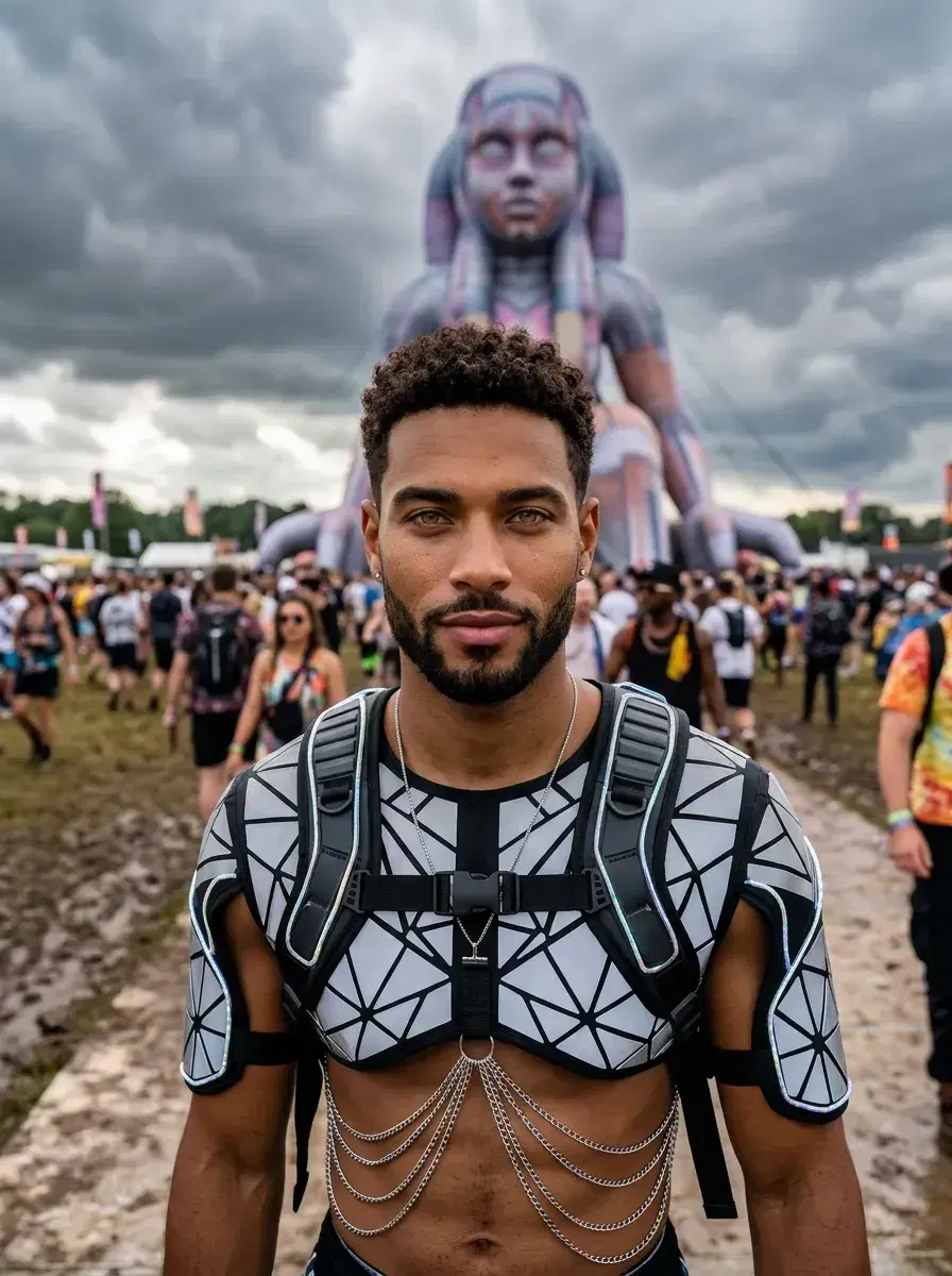 AI AI Music Festival Photos — From One Selfie — Person at a festival field with large inflatable art sculpture in background