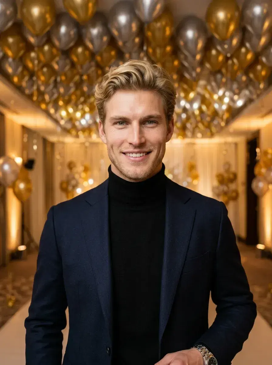 AI AI New Year's Eve Party Photos — Instant Glamour — Person in glamorous NYE outfit in a balloon-filled gold-decorated event space