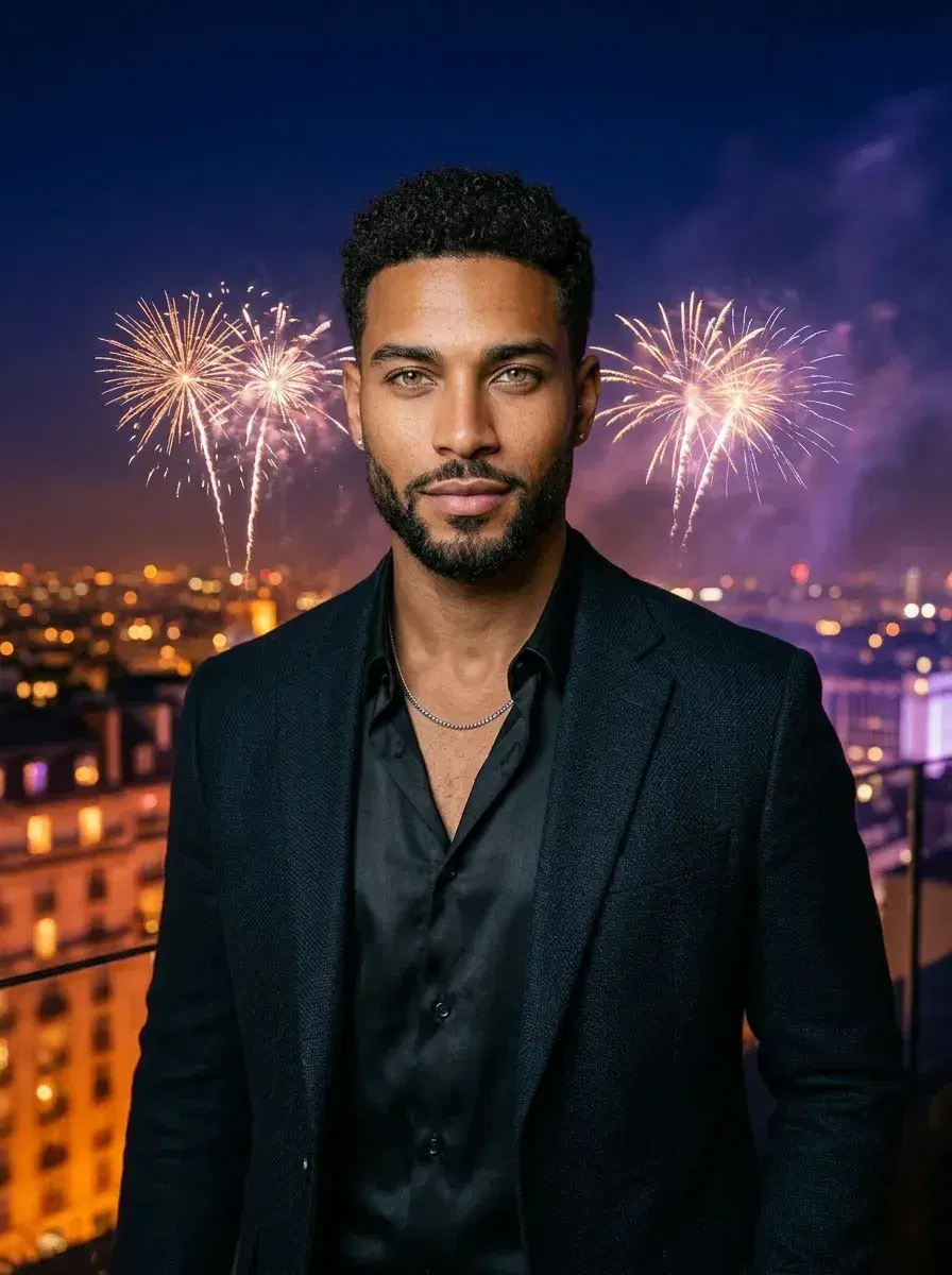 AI AI New Year's Eve Party Photos — Instant Glamour — Person on a luxury hotel rooftop with fireworks bursting across the city skyline at midnight