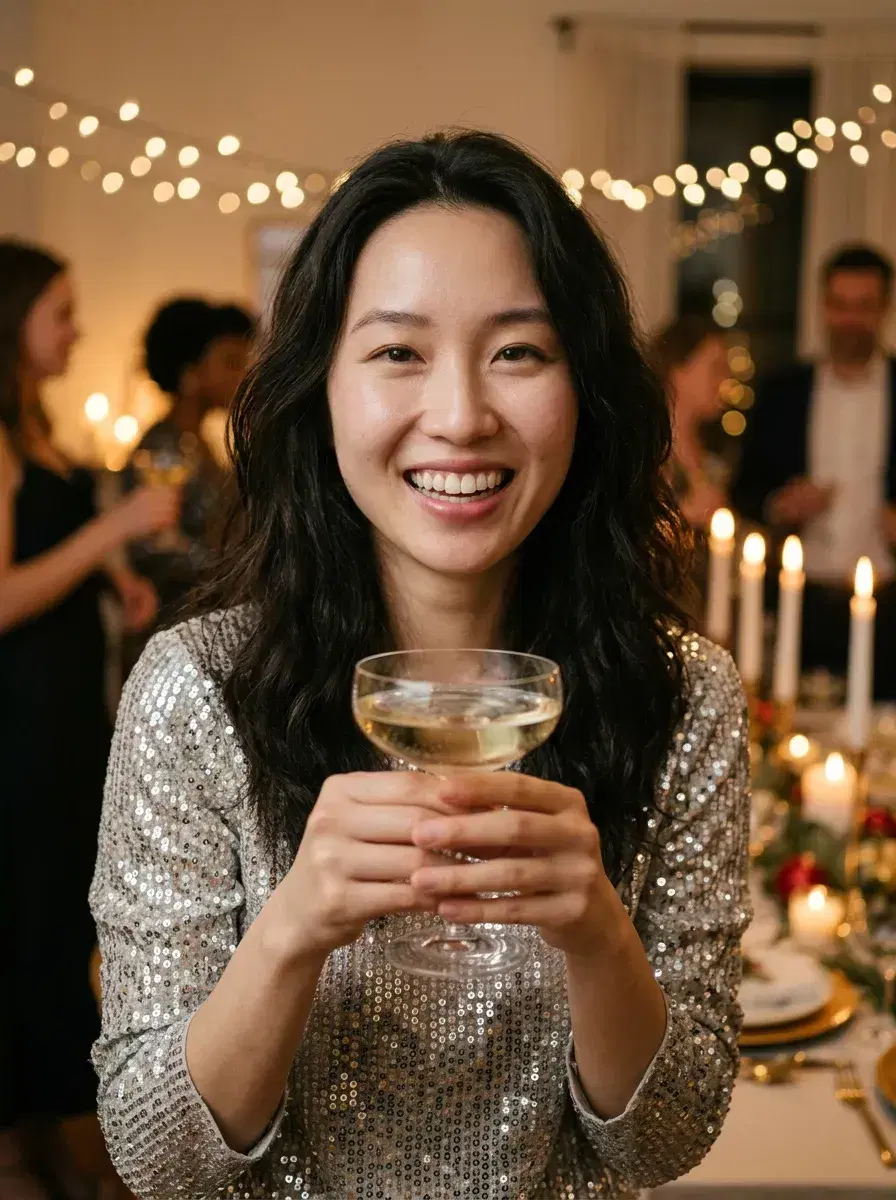 AI AI New Year's Eve Party Photos — Instant Glamour — Person raising a champagne toast at a warm, candlelit NYE dinner party
