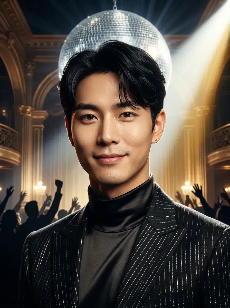 AI AI New Year's Eve Party Photos — Instant Glamour — Person in an art deco ballroom as a glittering NYE ball descends in the background