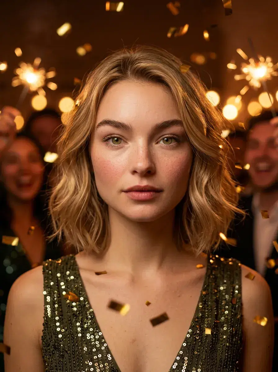 AI AI New Year's Eve Party Photos — Instant Glamour — Close-up portrait of person with golden confetti suspended around them in an NYE party atmosphere