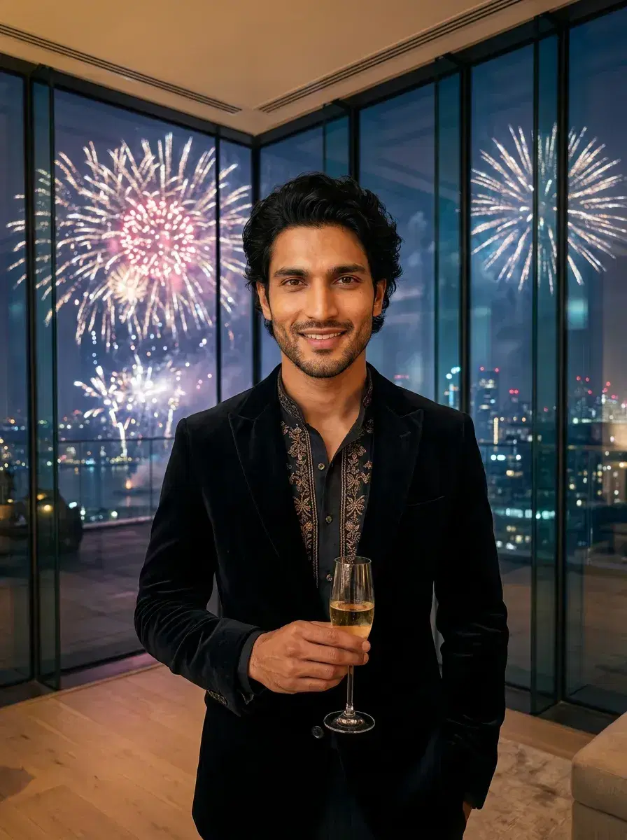 AI AI New Year's Eve Party Photos — Instant Glamour — Person in a penthouse lounge with panoramic fireworks view through floor-to-ceiling windows