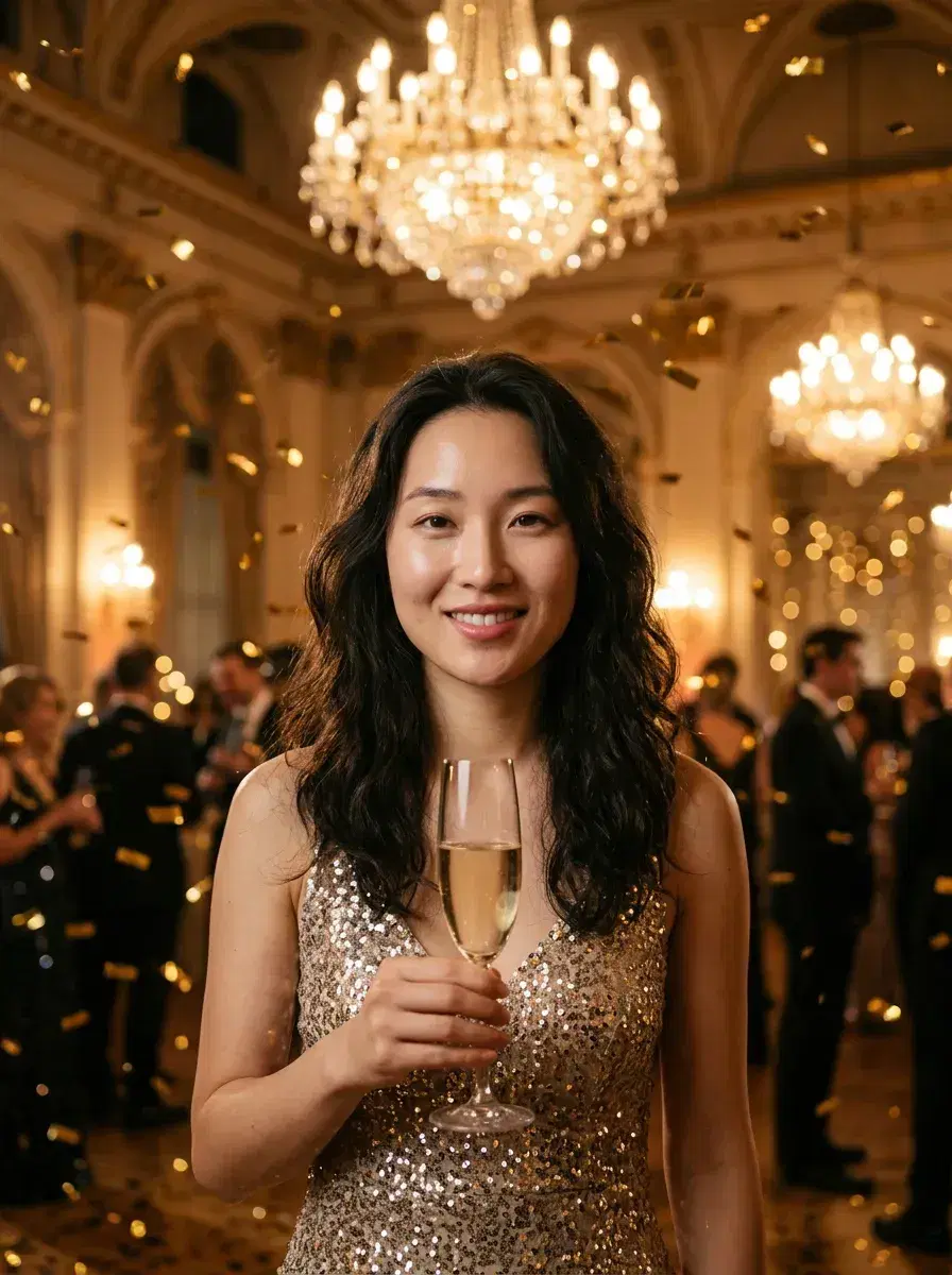 AI AI New Year's Eve Party Photos — Instant Glamour — Person in glittery outfit holding champagne in a grand NYE ballroom with confetti falling