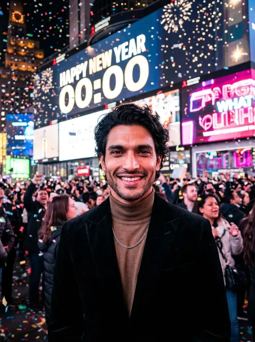 AI AI New Year's Eve Party Photos — Instant Glamour — Person standing in a Times Square-style NYE countdown scene with neon lights glowing
