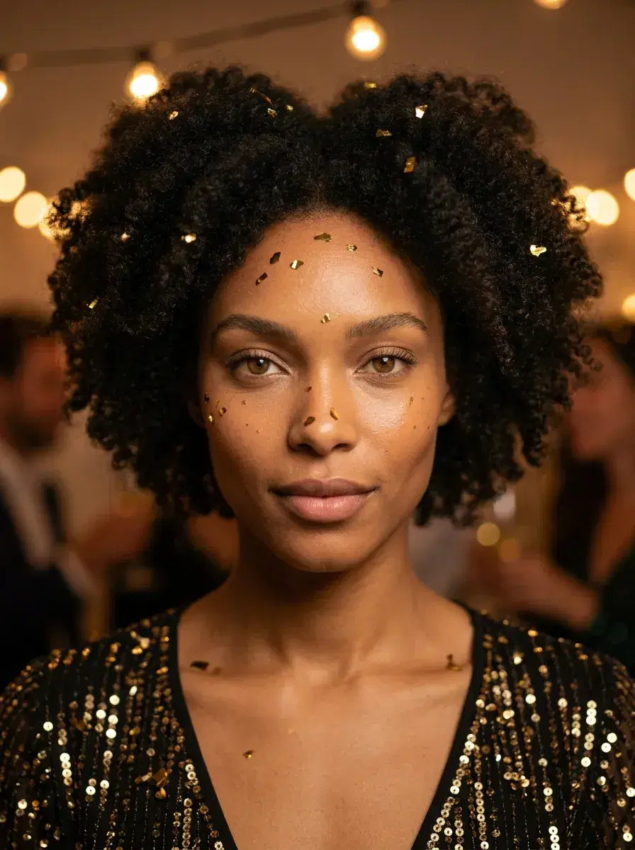 AI AI New Year's Eve Party Photos — Instant Glamour — Close-up of person with golden confetti on their face in a glam NYE party atmosphere
