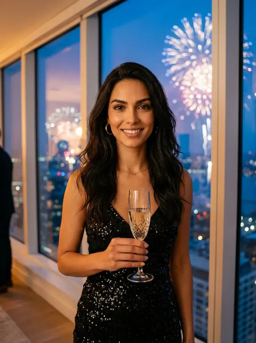 AI AI New Year's Eve Party Photos — Instant Glamour — Person beside a large window with a fireworks-lit city skyline on New Year's Eve