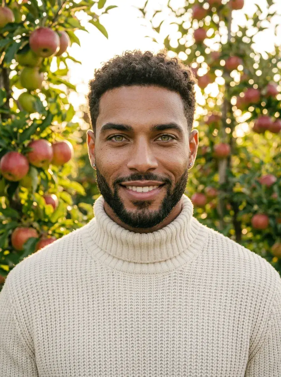 AI AI October Photos — Autumn Vibes — Person in chunky knit sweater posing in a warm apple orchard in October