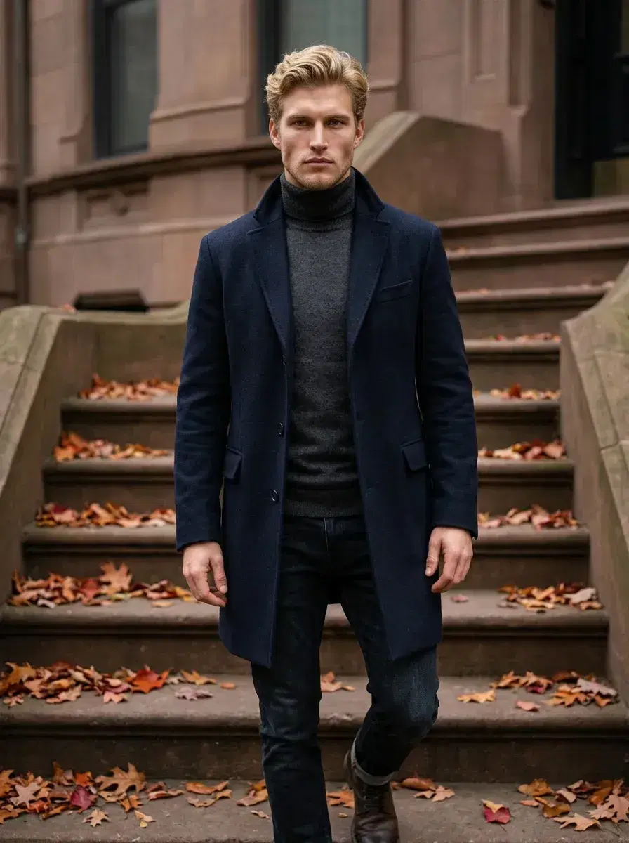 AI AI October Photos — Autumn Vibes — Person on a leaf-covered brownstone staircase in fall street style outfit
