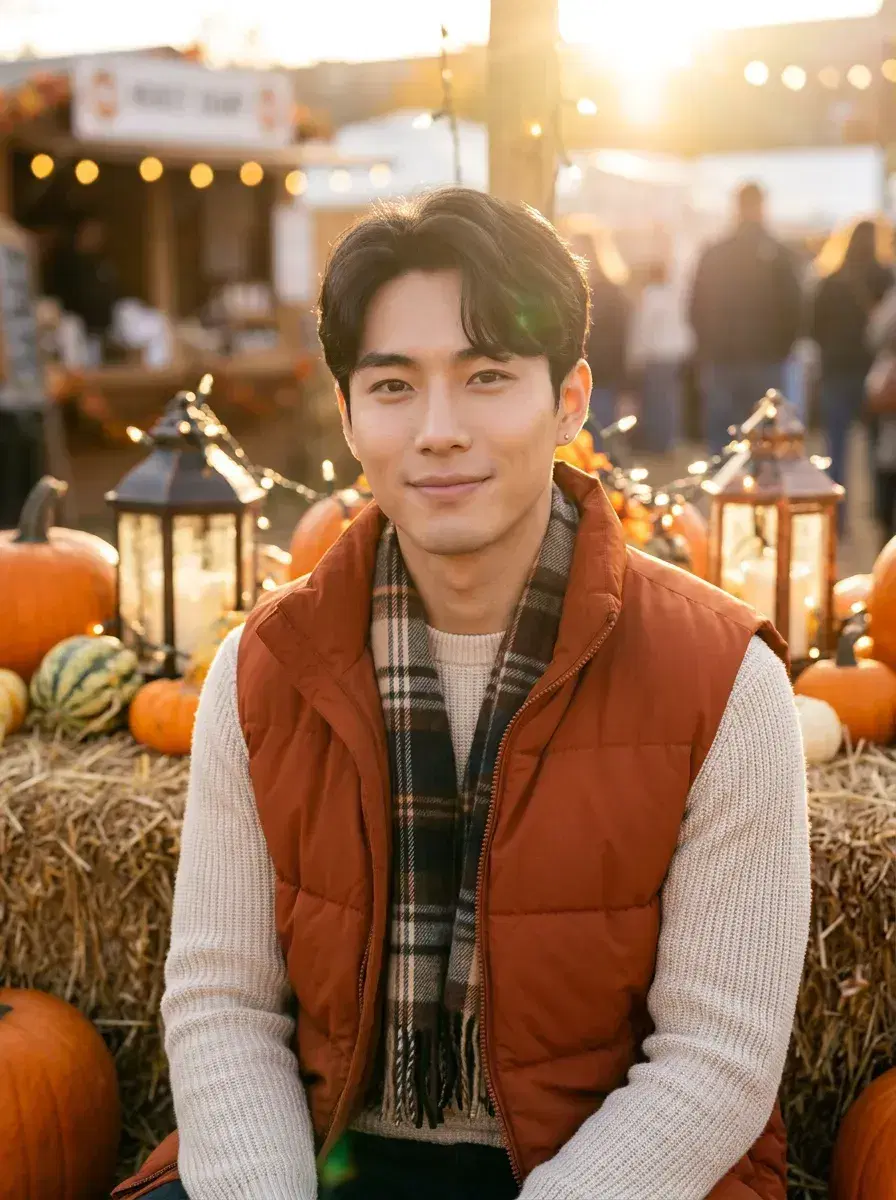 AI AI October Photos — Autumn Vibes — Person seated on a hay bale at a fall festival surrounded by pumpkins and lanterns