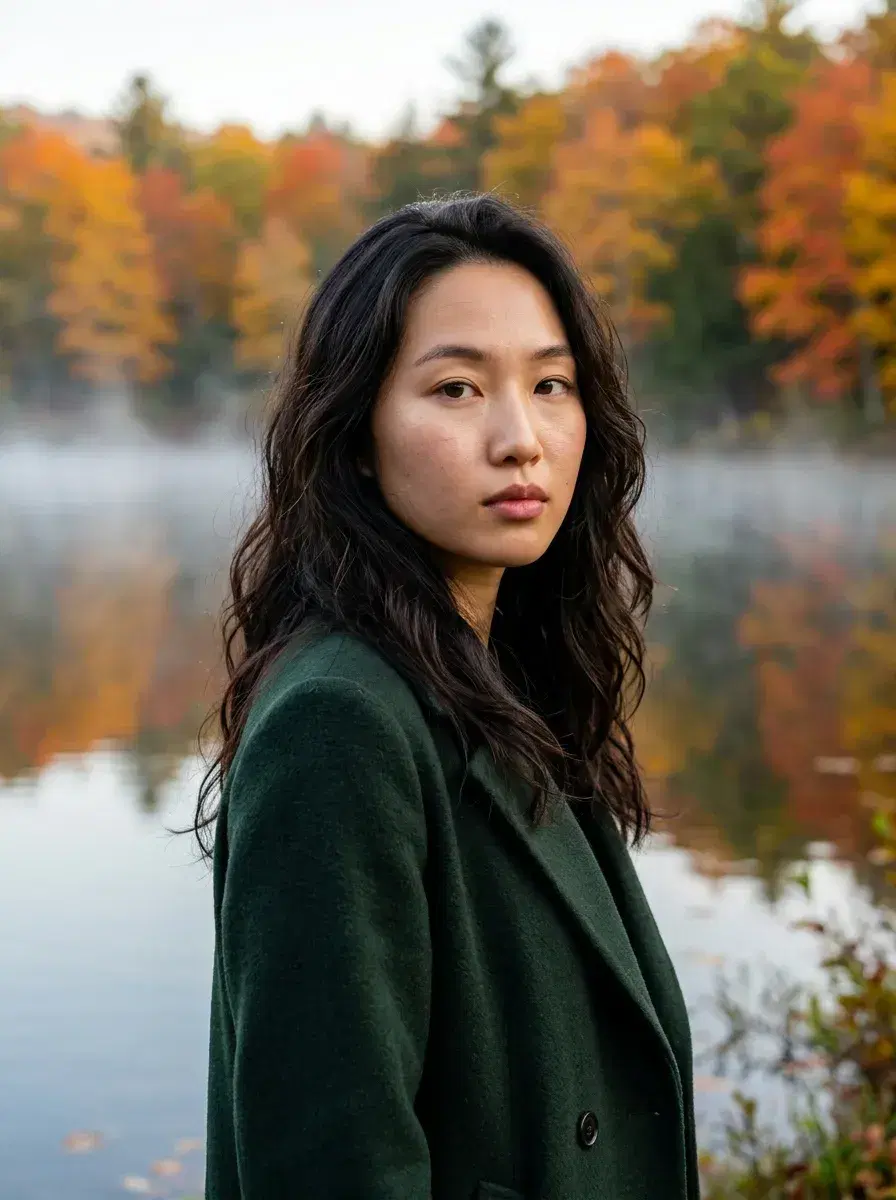 AI AI October Photos — Autumn Vibes — Person in wool coat at a misty autumn lake with vibrant fall foliage reflections
