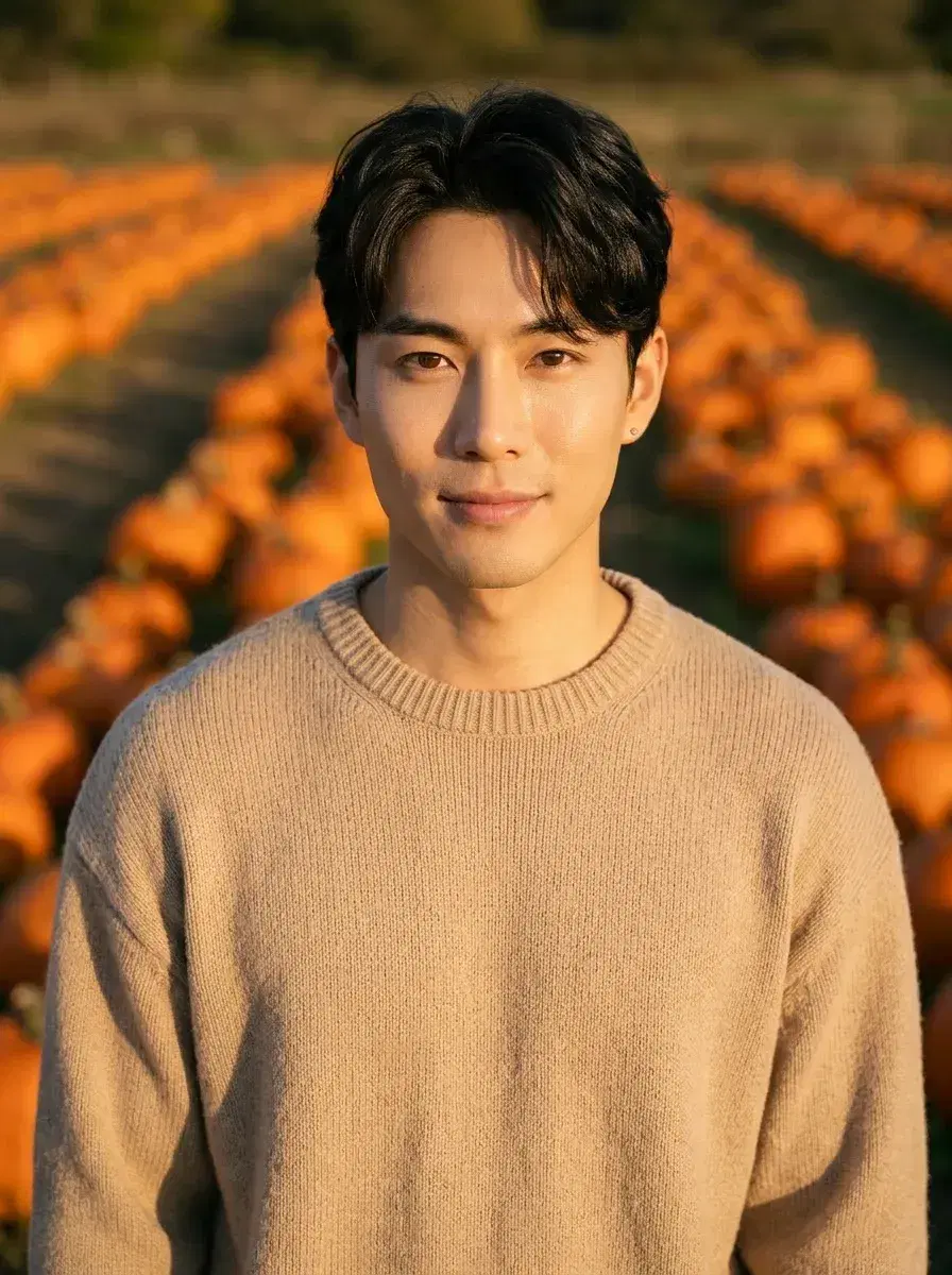 AI AI October Photos — Autumn Vibes — Person in knit sweater standing in a pumpkin patch at golden hour for AI October photos