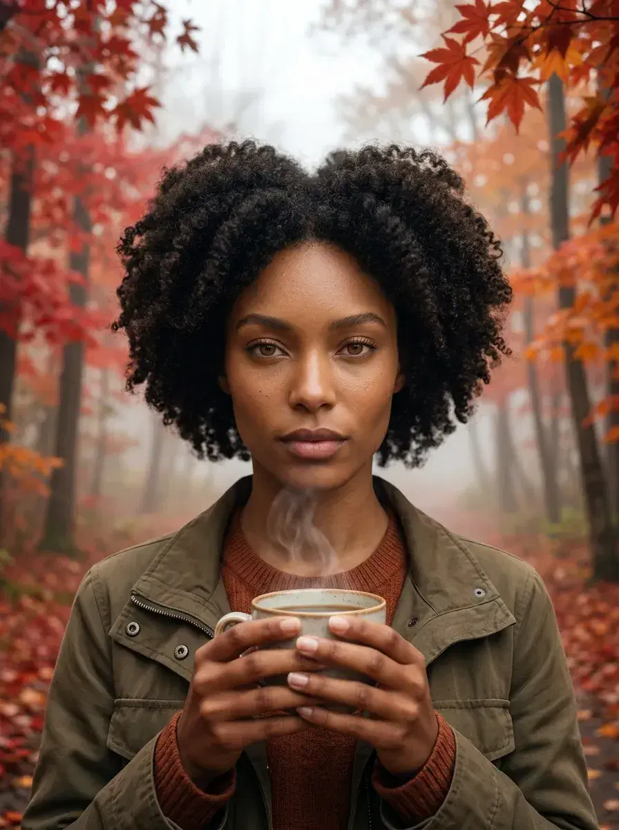 AI AI October Photos — Autumn Vibes — Person holding coffee on a foggy forest path surrounded by autumn leaves