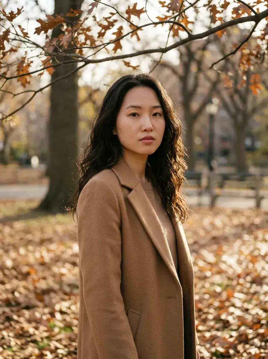 AI AI October Photos — Autumn Vibes — Person in wool coat surrounded by fallen autumn leaves in a city park