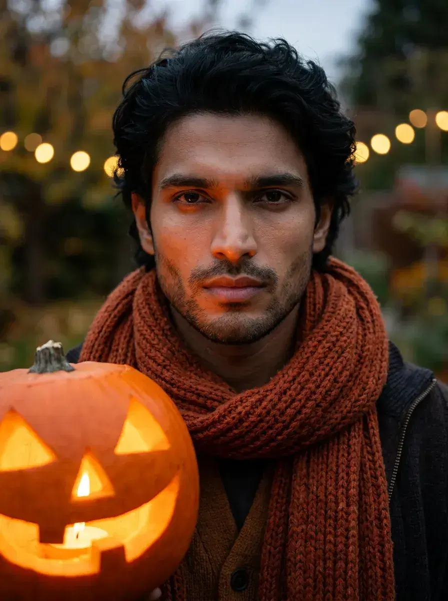AI AI October Photos — Autumn Vibes — Close-up of person beside a glowing jack-o'-lantern on a October evening