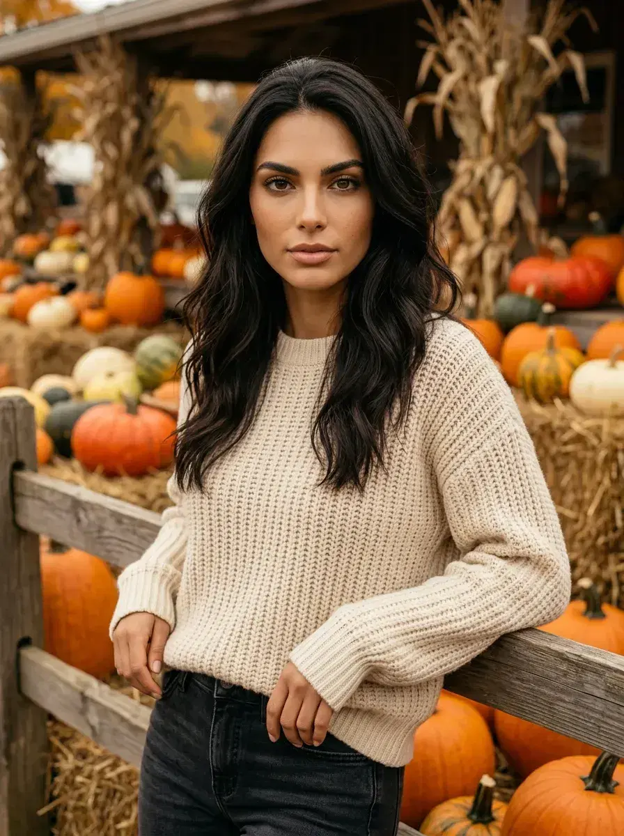 AI AI October Photos — Autumn Vibes — Person at a fall farm market surrounded by seasonal harvest decor