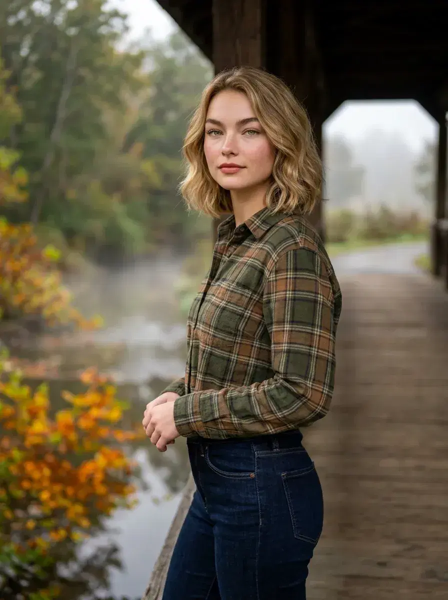 AI AI October Photos — Autumn Vibes — Person on a covered bridge over a misty autumn creek surrounded by fall foliage