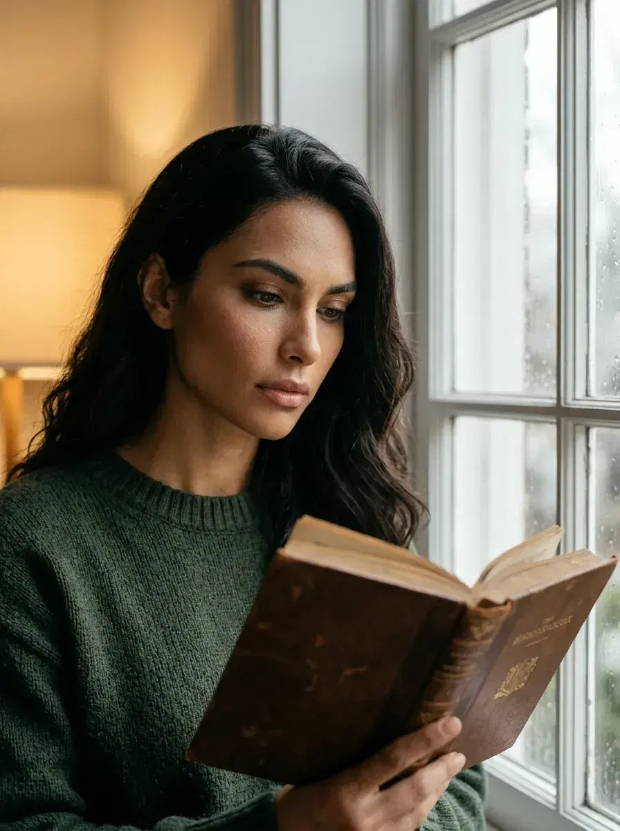 AI AI Old Money Aesthetic Photos — Pose AI — AI old money aesthetic photo — close-up portrait reading by a mullioned estate window