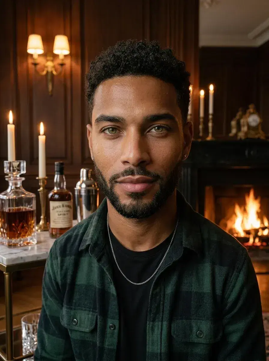 AI AI Old Money Aesthetic Photos — Pose AI — AI old money aesthetic photo — portrait at a marble bar cart in a candlelit drawing room