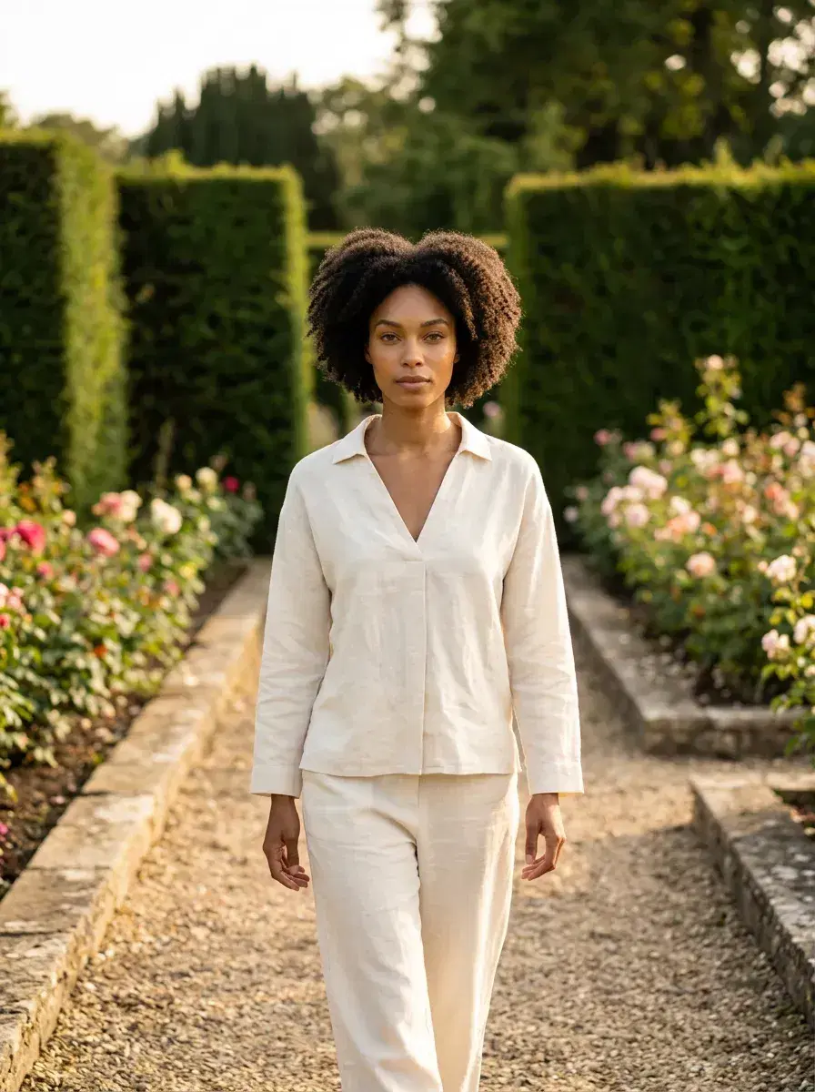 AI AI Old Money Aesthetic Photos — Pose AI — AI old money aesthetic photo — person strolling through a formal English garden at golden hour