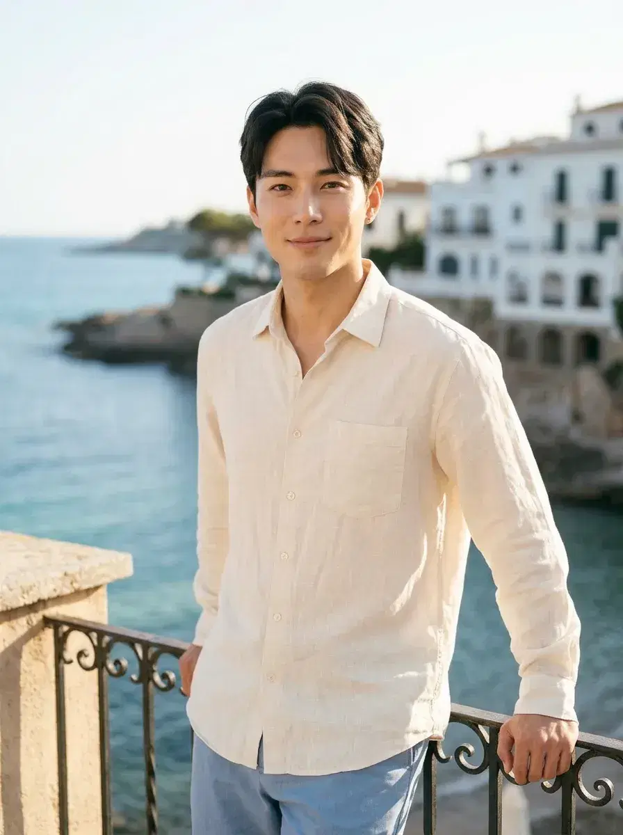 AI AI Old Money Aesthetic Photos — Pose AI — AI old money aesthetic photo — portrait on a stone balcony overlooking the Mediterranean