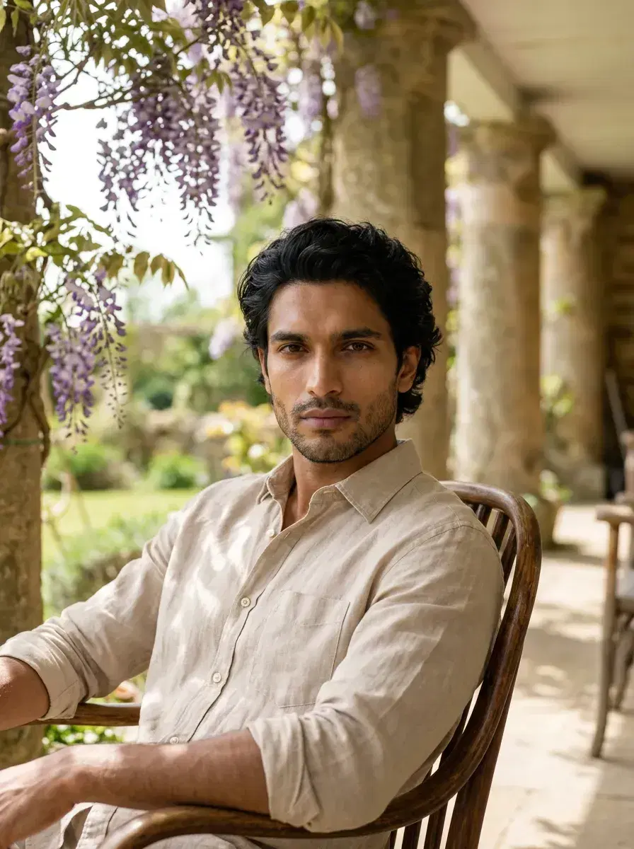 AI AI Old Money Aesthetic Photos — Pose AI — AI old money aesthetic photo — candid portrait on a wisteria-covered estate veranda