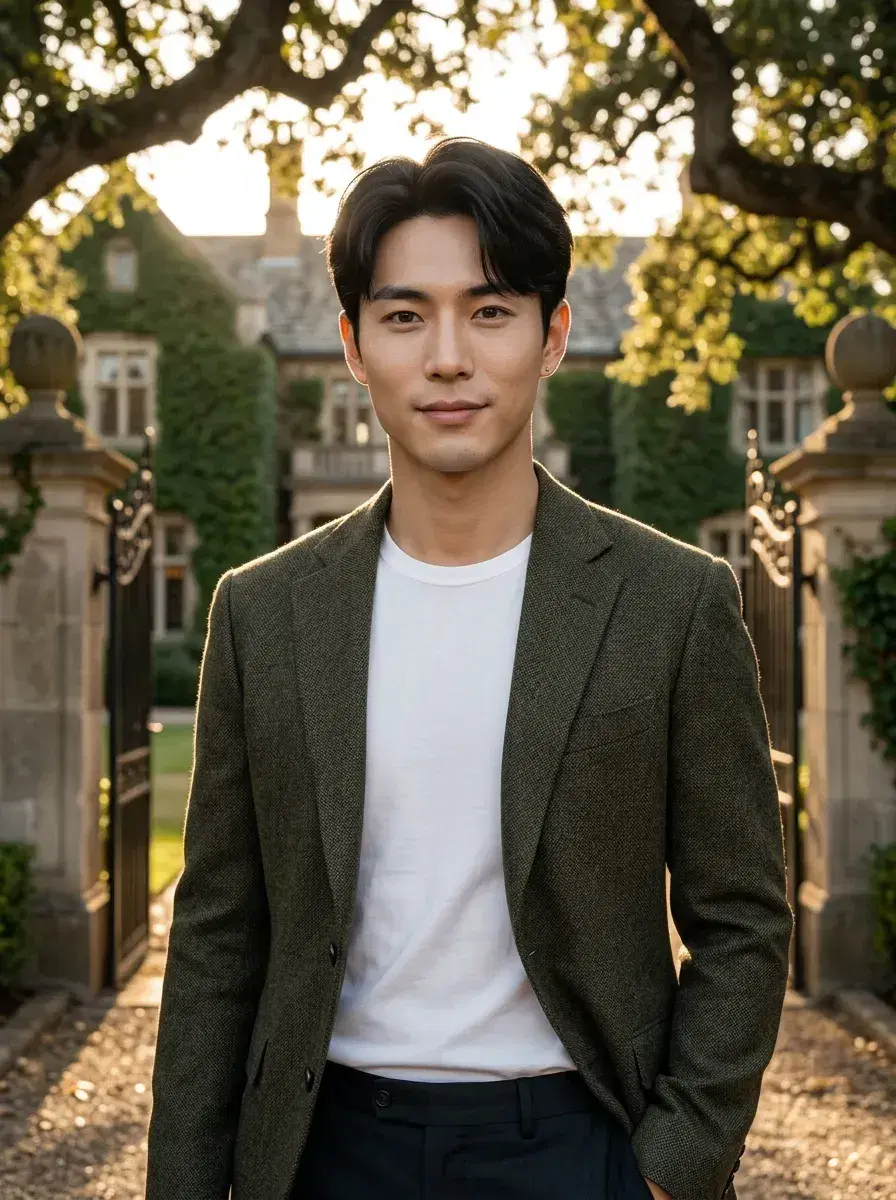 AI AI Old Money Aesthetic Photos — Pose AI — AI old money aesthetic photo — person at ivy-covered estate entrance at golden hour