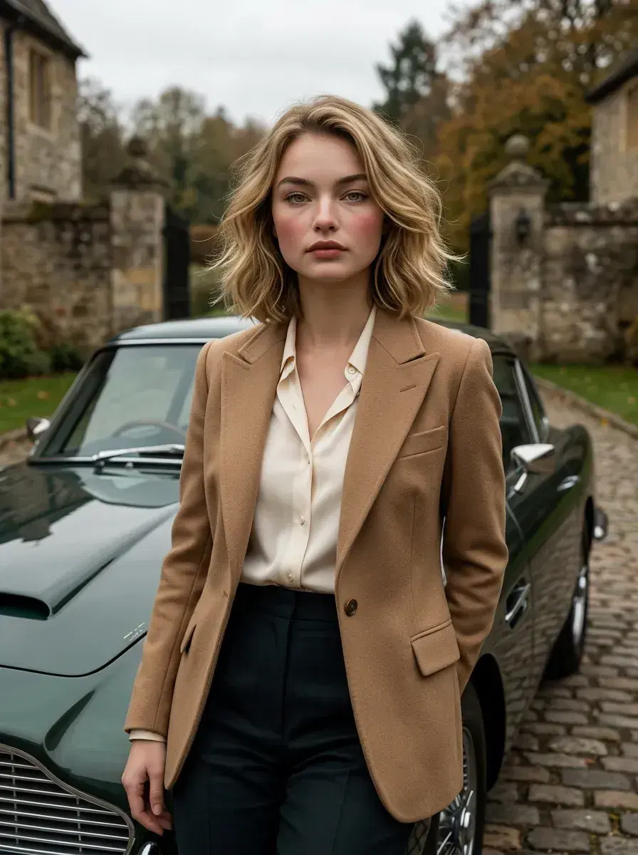 AI AI Old Money Aesthetic Photos — Pose AI — AI old money aesthetic photo — person beside a vintage car on cobblestone estate driveway