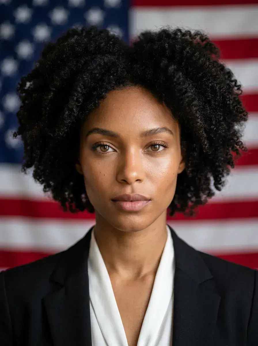 AI AI Patriotic Headshots – American Flag Backgrounds — Close-up patriotic portrait with American flag bokeh