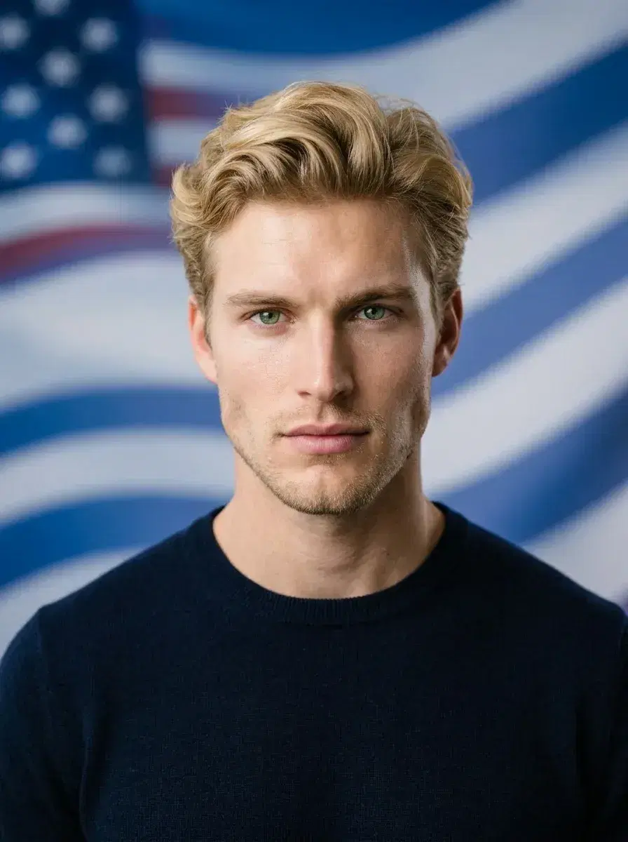 AI AI Patriotic Headshots – American Flag Backgrounds — Patriotic headshot on clean navy and white backdrop
