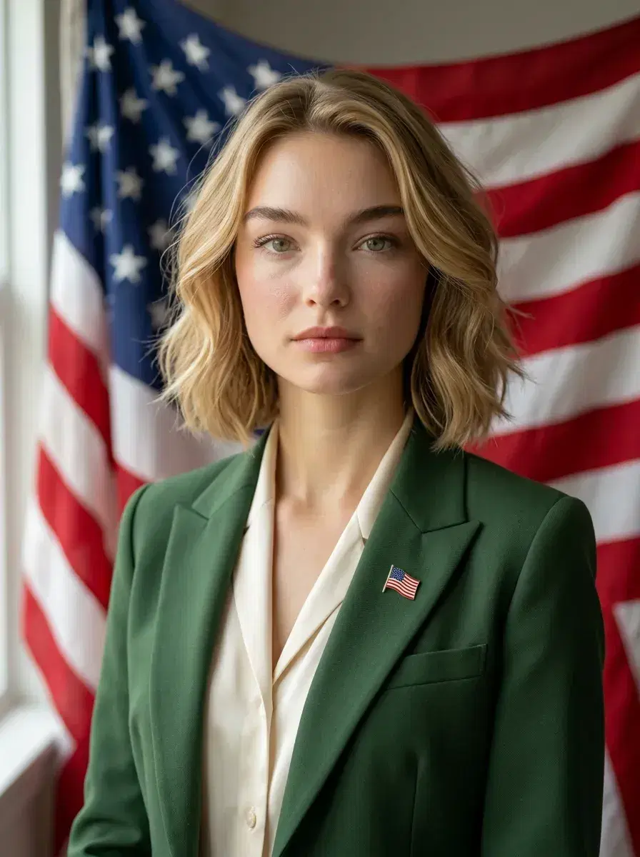 AI AI Patriotic Headshots – American Flag Backgrounds — Formal patriotic headshot in front of draped American flag