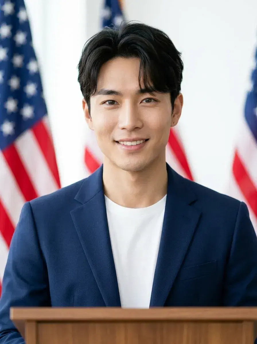 AI AI Patriotic Headshots – American Flag Backgrounds — Campaign-style patriotic headshot at a podium framed by American flags