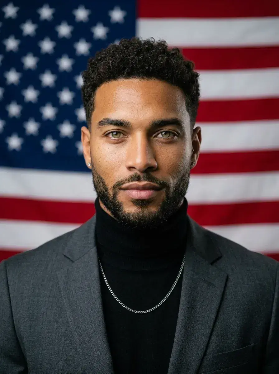 AI AI Patriotic Headshots – American Flag Backgrounds — Professional patriotic headshot with American flag background