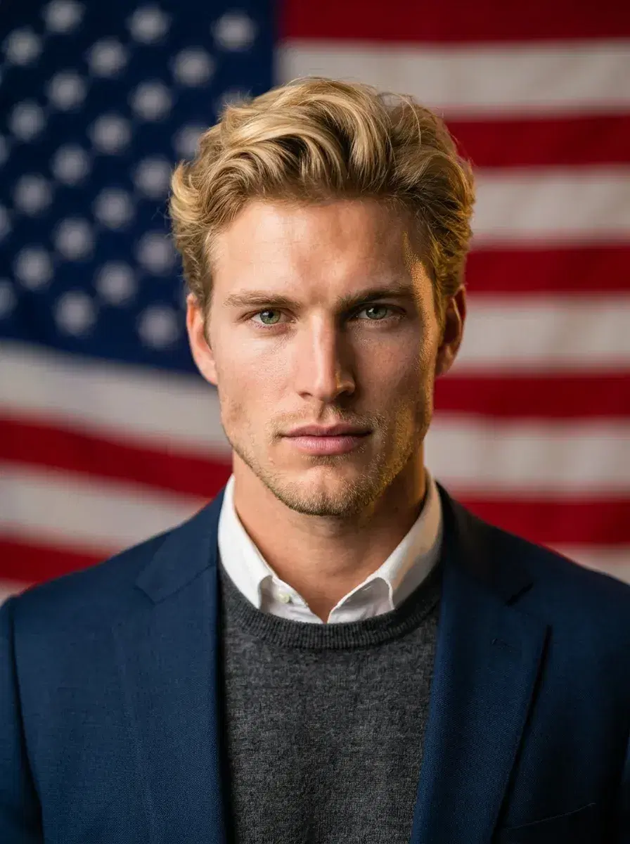 AI AI Patriotic Headshots – American Flag Backgrounds — Patriotic business headshot in front of blurred American flag