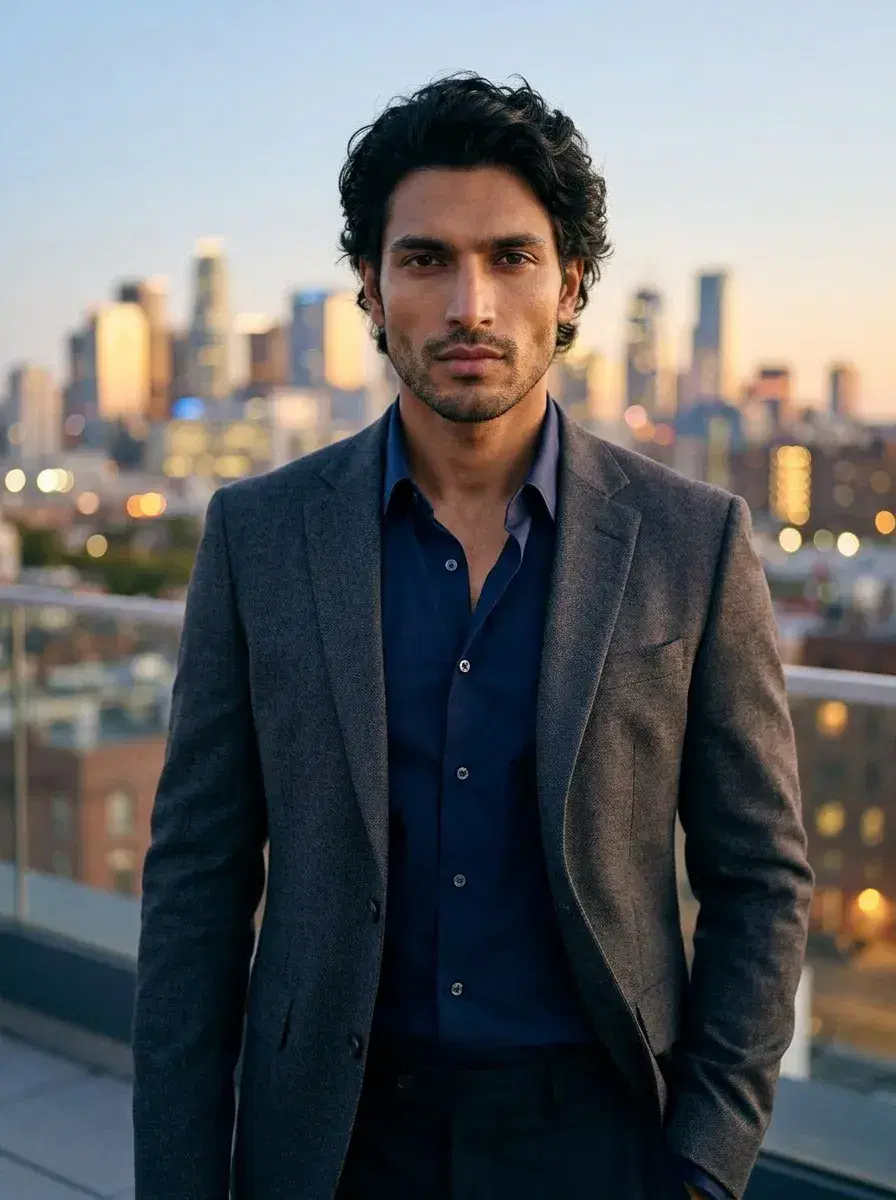 AI AI Personal Brand Headshots — Look Iconic — AI personal brand headshot on a rooftop terrace at dusk with city skyline