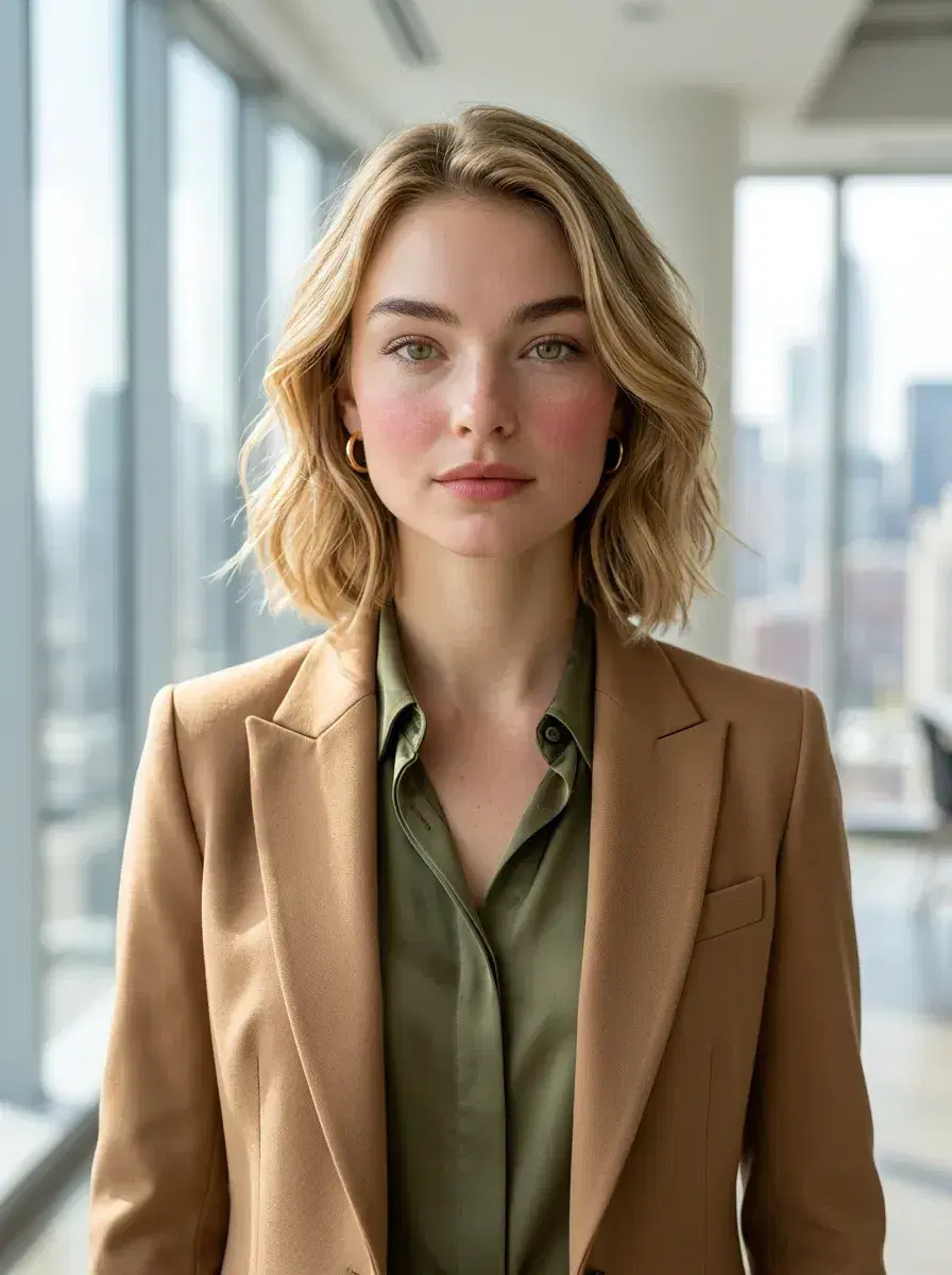 AI AI Personal Brand Headshots — Look Iconic — AI personal brand headshot in a modern co-working space with city skyline bokeh