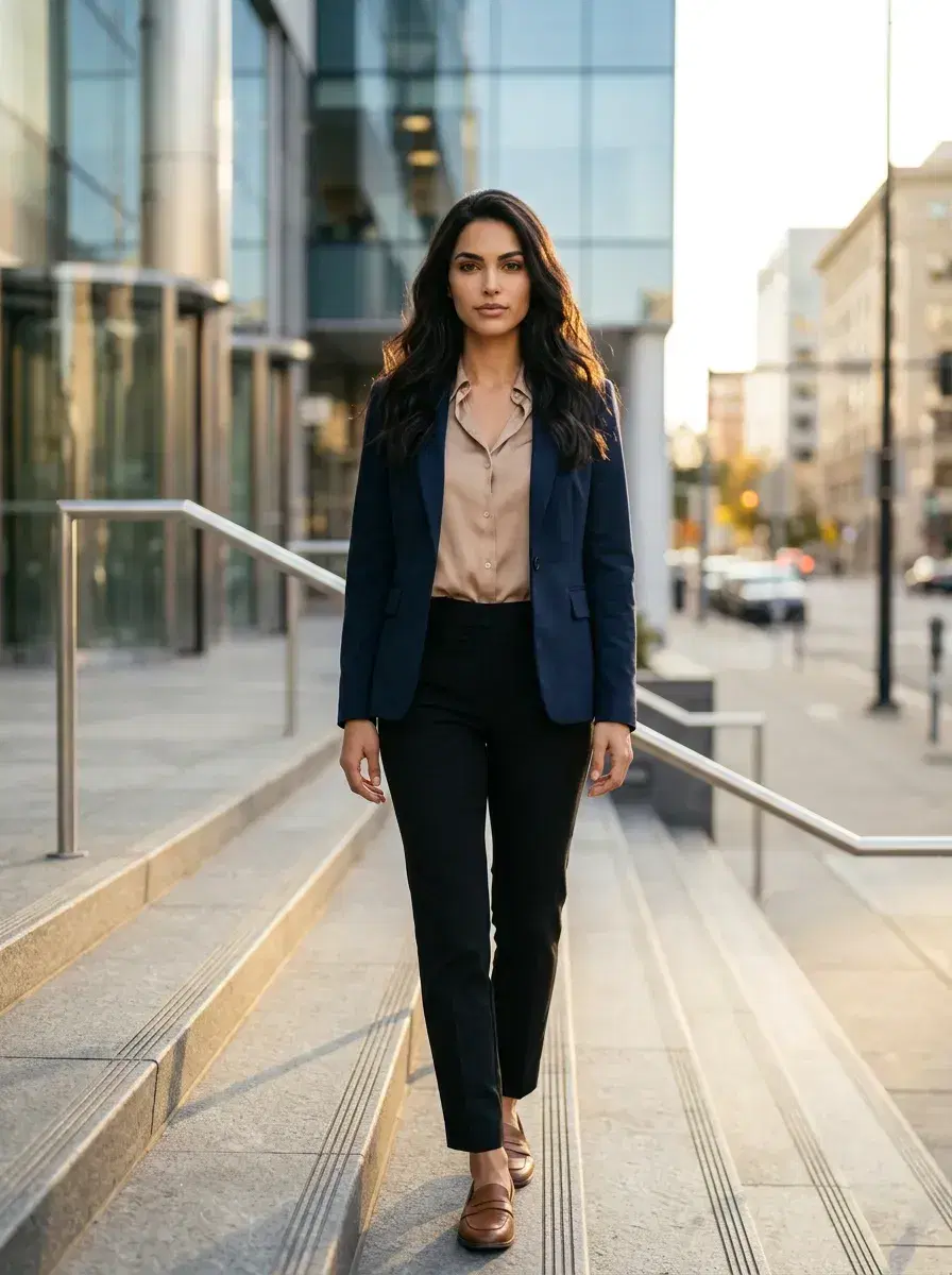 AI AI Personal Brand Headshots — Look Iconic — AI personal brand headshot outdoors on glass office building steps at golden hour