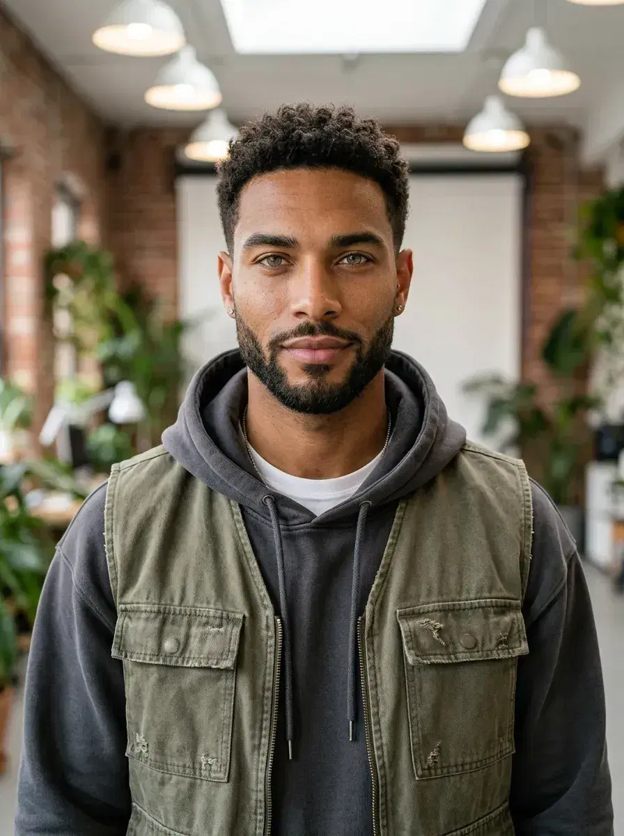 AI AI Personal Brand Headshots — Look Iconic — AI personal brand headshot in a creative studio with exposed brick and plants