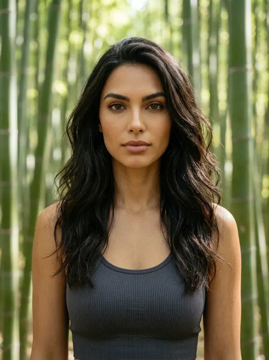 AI AI Pilates & Yoga Photos — Studio Looks — Person in athletic wear standing in a sunlit bamboo forest yoga retreat