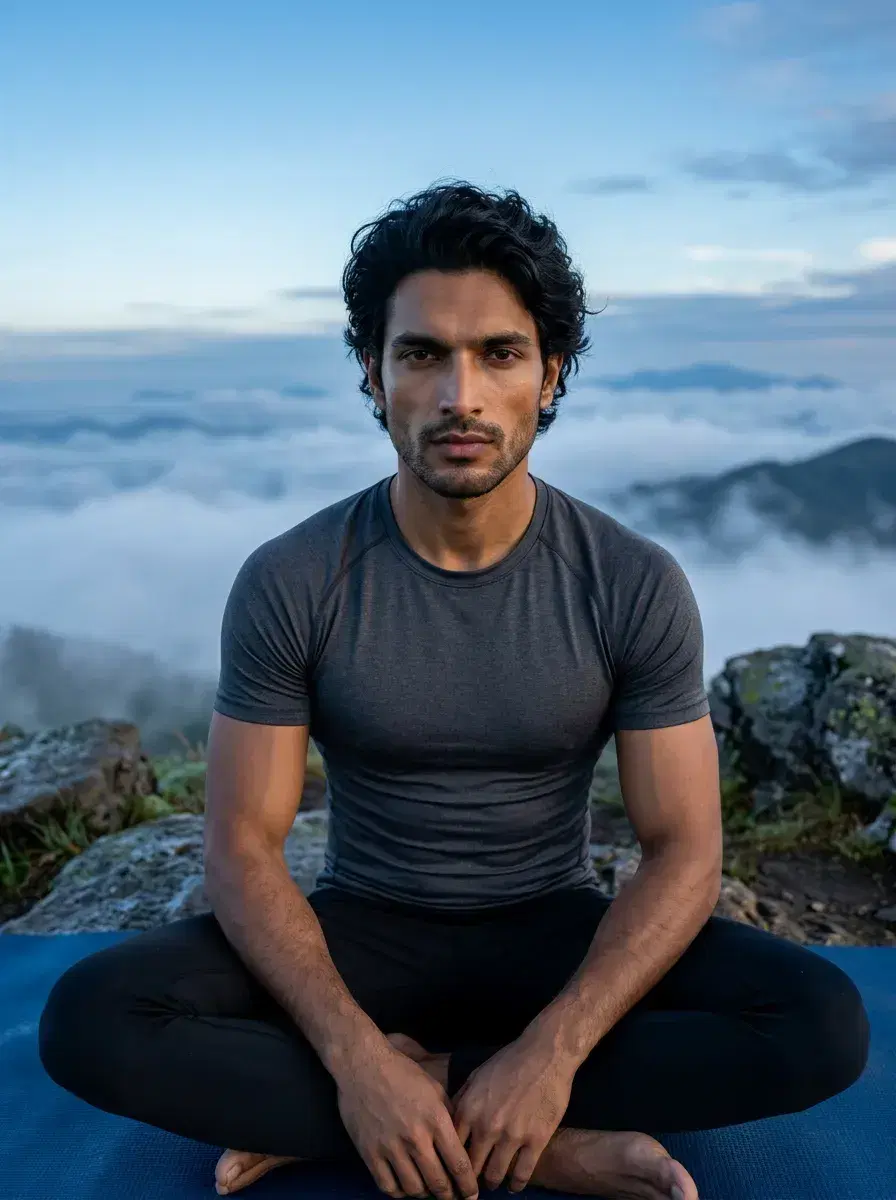 AI AI Pilates & Yoga Photos — Studio Looks — Person on a yoga mat on a misty mountain summit at dawn