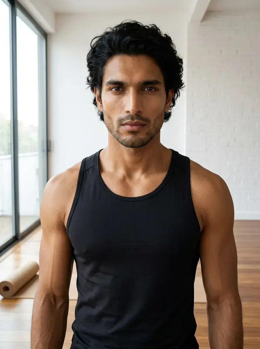 AI AI Pilates & Yoga Photos — Studio Looks — Person in athletic wear in a bright white yoga studio, confident camera-facing pose