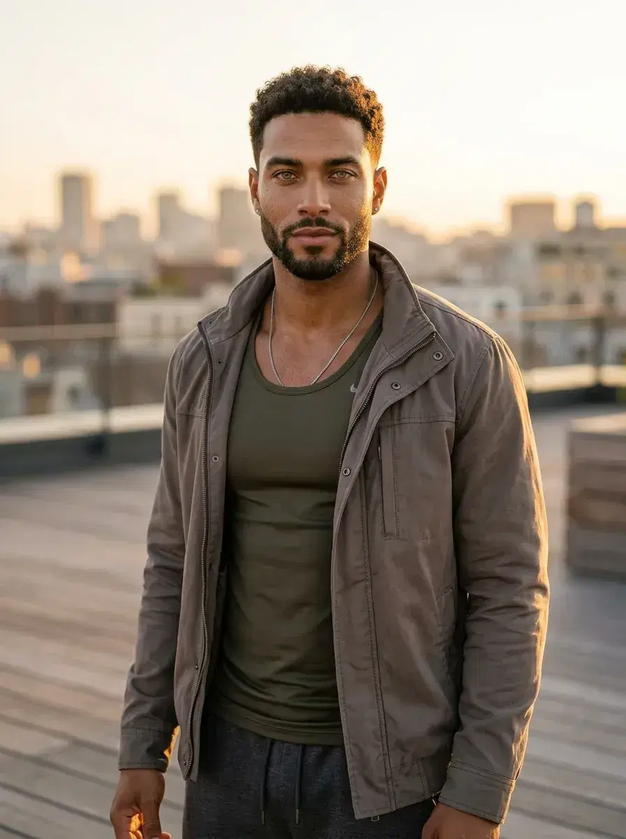 AI AI Pilates & Yoga Photos — Studio Looks — Person in yoga wear on a rooftop deck at golden hour with city skyline behind