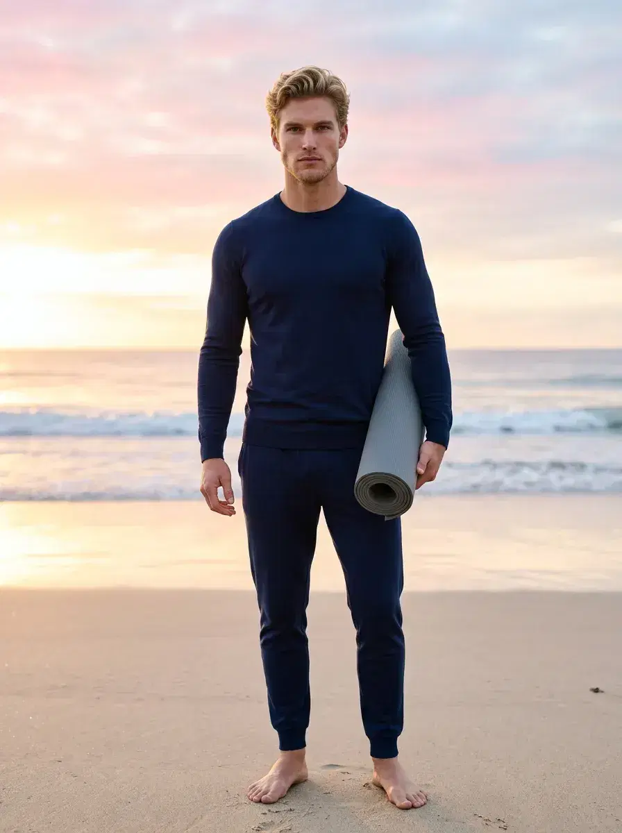 AI AI Pilates & Yoga Photos — Studio Looks — Person in wellness attire on a beach at sunrise with a yoga mat