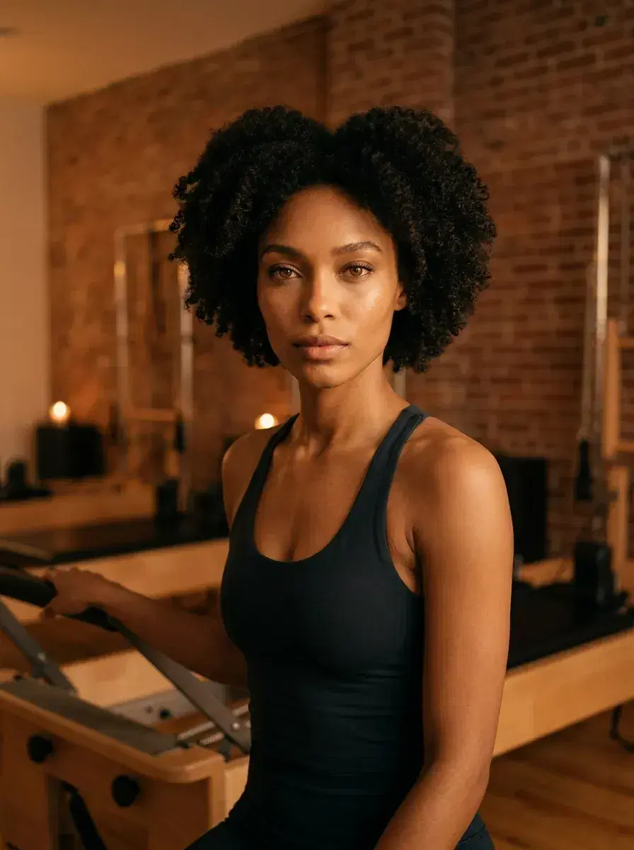 AI AI Pilates & Yoga Photos — Studio Looks — Person in pilates studio with candlelit exposed brick walls and warm lighting
